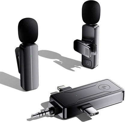 2-Pack Wireless Mini Lavalier Lapel Microphone for iPhone,Android Device(3 in 1) - 65ft Cordless Clip on Dual Mics with Noise Reduction 6H Working Time for Video Recording Vlogging, YouTube, Interview