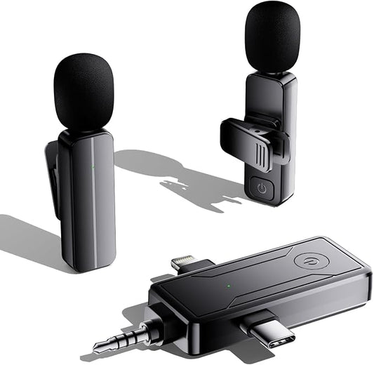 2-Pack Wireless Mini Lavalier Lapel Microphone for iPhone,Android Device(3 in 1) - 65ft Cordless Clip on Dual Mics with Noise Reduction 6H Working Time for Video Recording Vlogging, YouTube, Interview