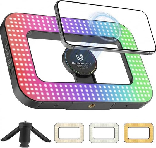 Ring Light for Phone, Magnetic Selfie Light with Tripod Stand, Rechargeable RGB Video Light, 10 Brightness Levels & 3 Cold Shoes for Recording, Vlogging, Influencers, Makeup