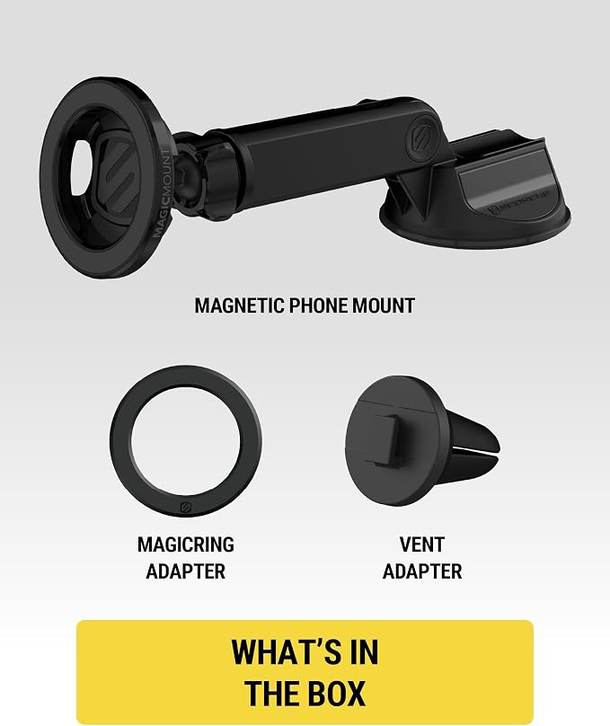 Scosche MagSafe Car Mount, Suction Cup Magnetic Windshield/Dashboard Cell Phone Holder with Vent Clip & Adjustable Flip Arm Compatible with PopSockets Grips, iPhone 16/15/14/13/12, Samsung Galaxy