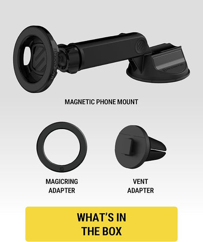 Scosche MagSafe Car Mount, Suction Cup Magnetic Windshield/Dashboard Cell Phone Holder with Vent Clip & Adjustable Flip Arm Compatible with PopSockets Grips, iPhone 16/15/14/13/12, Samsung Galaxy