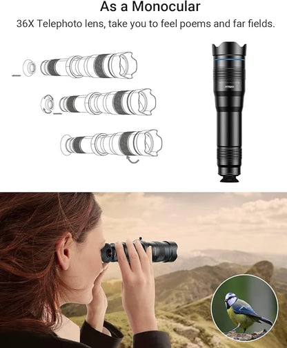 Evil eye 36X Telephoto Lens, High Power HD Telephoto Phone Lens with Tripod and Phone Clip for Android & iPhone, Samsung and Most Smartphone