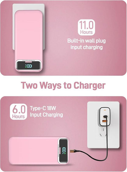 Nusyddy Portable Charger 20000mAh 22.5W w/Built-in Cables & Wall Plug Pink | 22.5W Fast Charging, High Capacity, LED Display, Charge 5 Devices at once, TSA Approved, Compatible with iPhone/iPad/Samsung