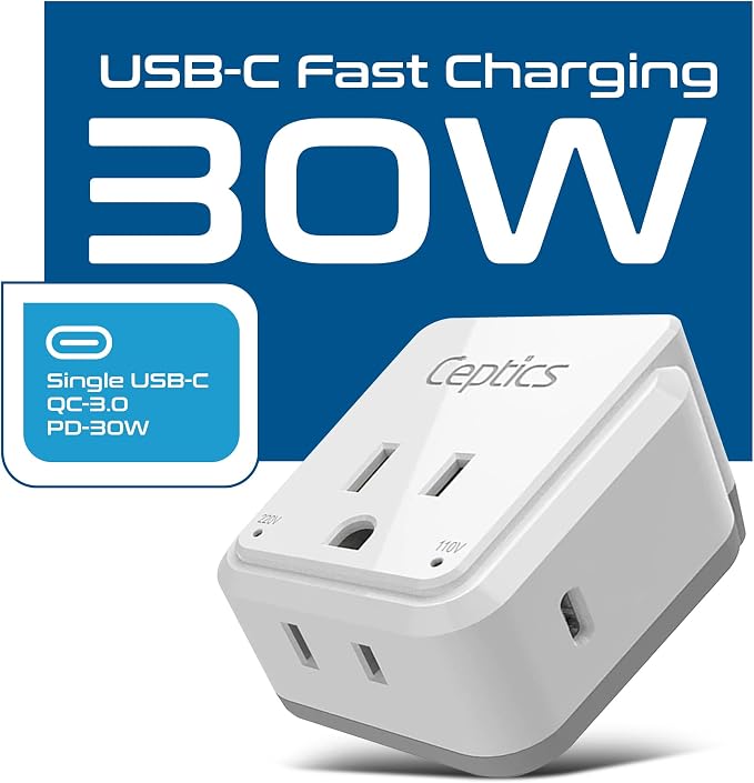 Ceptics UK, Hong Kong, Travel Plug Adapter Set, Safe Grounded USB-C 30W PD & QC 3.0-2 USA Socket - Compact & Powerful - Ireland, England, Dubai, Saudi Arabia - Includes Type G Swadapt Attachments