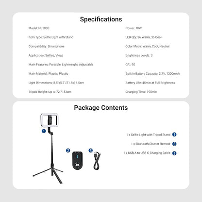 NEEWER Basics 10W Selfie Light with Tripod Stand, 1200mAh LED Square Ring Lighting, 72" Selfie Stick Phone Holder Compatible with iPhone, CRI90 3 Modes Remote for Travel Vlog Video Recording, NL100B