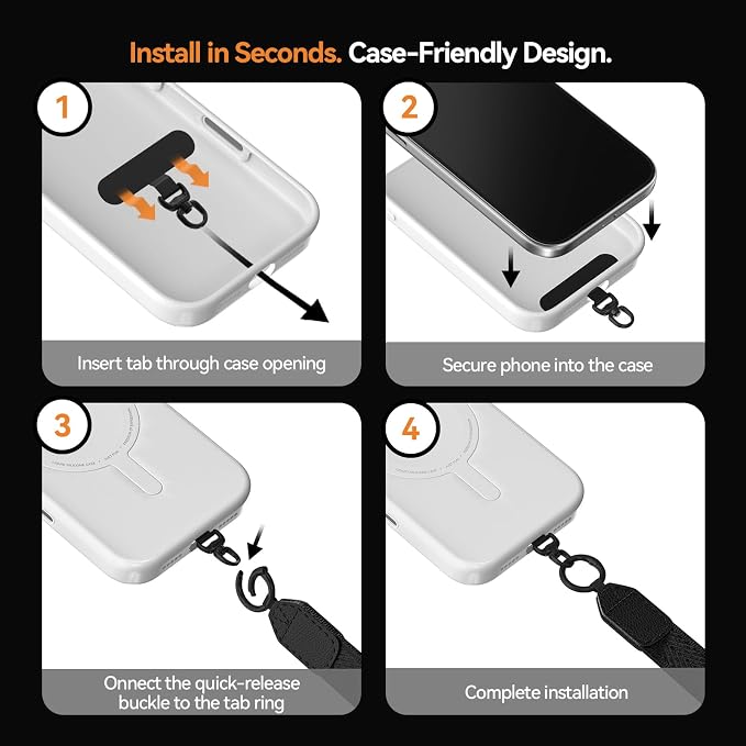Phone Lanyard Crossbody, Clip and Go Phone Strap Crossbody, Adjustable Cell Phone Strap with Detachable Pouch for All Smartphones, Black