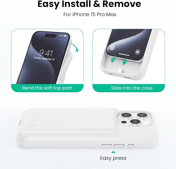 Battery Case for iPhone 15Pro Max, Upgrade 8600mah Portable Slim Battery Charging Case, 15W Fast Charging Rechargeable Protective Extended Charger Cover for iPhone 15 Pro Max (6.7 inch) (White)