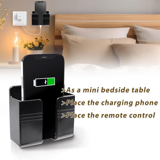 2 Pcs Wall Mount Phone Holder with 3M Adhesive Phone Stand with Data Cable Receiving Hole, Charger Remote Control Storage Box for Bedroom, Kitchen, Bathroom, Office (Black)