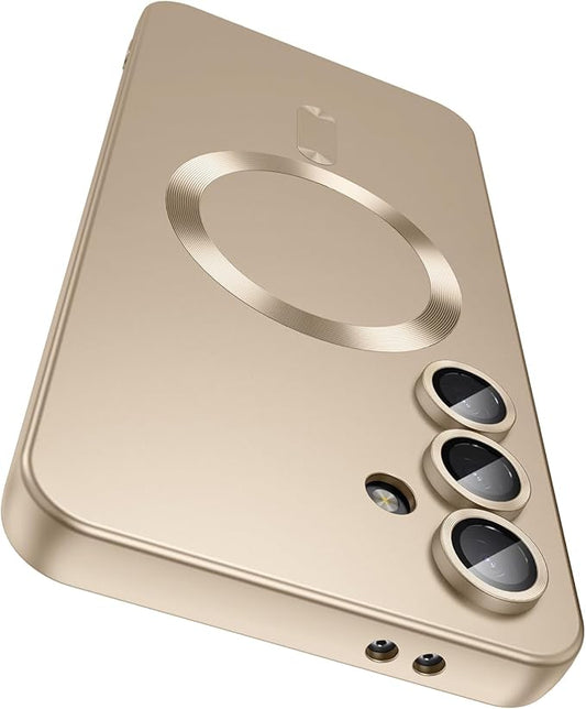 Magnetic for Samsung Galaxy S25 FE Case [Compatible with MagSafe][Built-in Camera Lens Protector] Slim Soft Silicone Bumper Shockproof Metallic Luster Phone Case, Gold