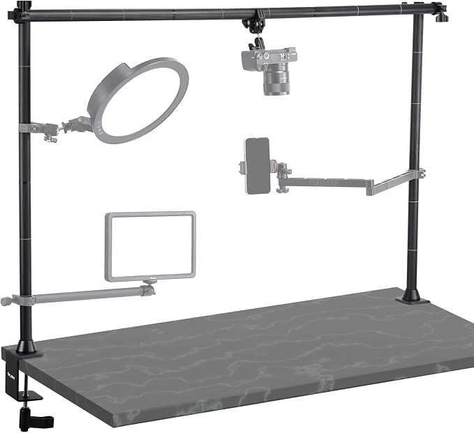 JUSMO LS15 Pro Camera Desk Mount, Aluminum Overhead Camera Mount Rig, Table Multi-Device Pole to Mount Magic Arm Clamp, DSLR, Cameras, Phone, Light, Microphone, Streaming, Studio, Max Load 22 lb