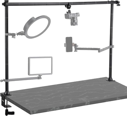 JUSMO LS15 Pro Camera Desk Mount, Aluminum Overhead Camera Mount Rig, Table Multi-Device Pole to Mount Magic Arm Clamp, DSLR, Cameras, Phone, Light, Microphone, Streaming, Studio, Max Load 22 lb