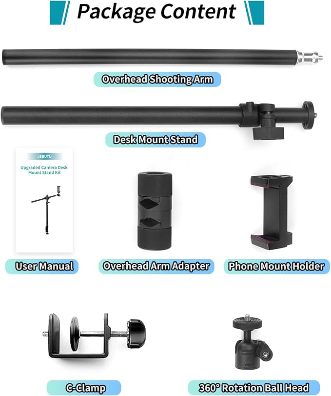 Overhead Camera Mount Desk Stand, Camera Arm Desk Mount Clamp Stand with 360°Adjustable Magic Arm, Webcam Arm Mount Stand w Ballhead Phone Mount for Desk Logitech Microphone Video Light Cell Phone