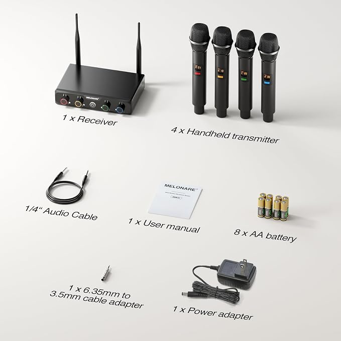 4-Channel Wireless Microphone System, UHF Compact Cordless Mic Set w/ 4x10 Frequencies, 200ft Range, Dynamic Handheld Microphone for Singing, Karaoke, Church, DJ, Wedding (MWM-41-4H)