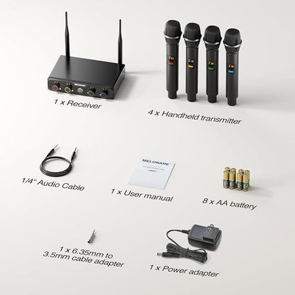 4-Channel Wireless Microphone System, UHF Compact Cordless Mic Set w/ 4x10 Frequencies, 200ft Range, Dynamic Handheld Microphone for Singing, Karaoke, Church, DJ, Wedding (MWM-41-4H)