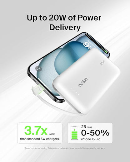 Belkin Portable Charger Power Bank USB C, 10000 mAh w/Integrated Cable, 20W Fast Charge USB-C Power Delivery, iPhone Charger, Apple iPhone 17, Air, Pro, Pro Max, iPad, Samsung Galaxy S25 - White