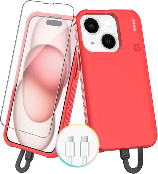 GIN FOXI Battery Case for iPhone 15/15 Pro, Rechargeable Charing Cases 7000mAh Portable Juice Box Fast Charger Cover Battery Pack for iPhone 15/15 Pro Built-in Cable, Red (6.1”)