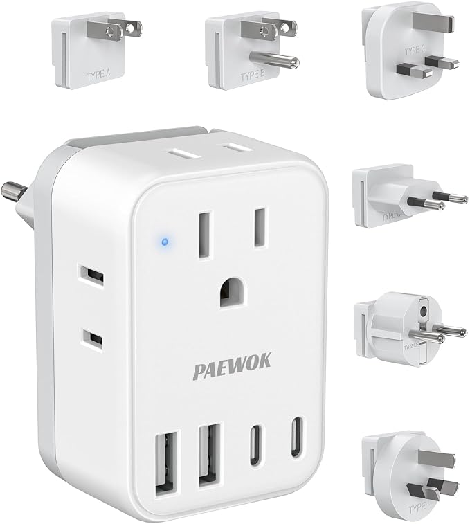 International Power Adapter Set, Travel Adapter, US to EU/UK/AUS/Japan | Travel Plug Adapter, Type F/G/I/C/B/A Detachable Plug, 4 AC Outlets 4 USB Ports (2 USB C), Worldwide Universal Travel Adapter