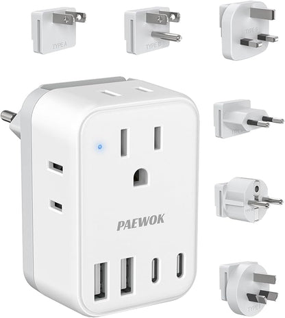 International Power Adapter Set, Travel Adapter, US to EU/UK/AUS/Japan | Travel Plug Adapter, Type F/G/I/C/B/A Detachable Plug, 4 AC Outlets 4 USB Ports (2 USB C), Worldwide Universal Travel Adapter