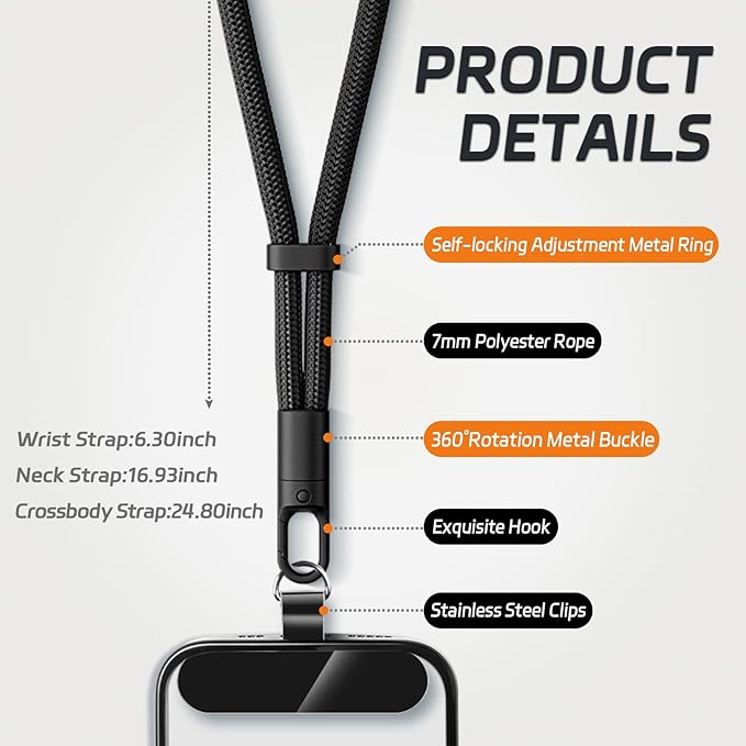 KITANIS 3 Pack Phone Lanyard,1×Phone crossbody strap,1×Phone Neck Strap,1×Wrist Strap,3×Tether Tabs,Universal Cell Phone Multifuctional Patch Polyester Lanyards(Black)