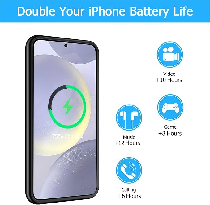 Battery Case for Galaxy S24 Plus,[12000mAh]Large capacity Slim Portable Protective Fast Charging Case Battery Case Compatible with Galaxy S24 Plus Wireless Charging Case with Carplay(6.7inch)-Black