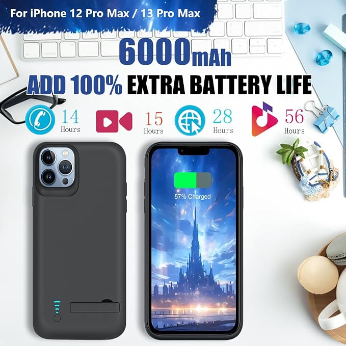 Sitong [Upgraded Battery Case for iPhone 12 Pro Max & iPhone 13 Pro Max, 6000mAh Rechargeable Extended Battery Charging Charger Case, Add 100% Extra Juice (6.7 Inches) Black