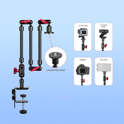 Magic Arm with Clamp, Long Articulating Arm Camera Mount, Adjustable Phone Mount Holder 360° Rotation, Mic Arm for Microphone, LED Lights, for Phone, Tripod, Desk, Table