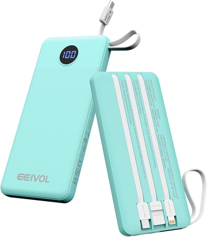 Portable Charger with Built in Cables, 10000mAh Power Bank, Battery Pack | 1 Pack, Slim, Travel Essentials, 4 Output 2 Input, for iPhone 17/16/15/14/13,Samsung, Android, etc-Green