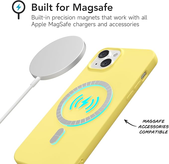for iPhone 15 Plus/ 14 Plus Case Silicone Compatible with Magsafe Case, Ultra Slim Thin Magnetic Phone Cases Mag Safe, Cute Soft Rubber Gel TPU Matte Wireless Charging Cover for Women, Yellow