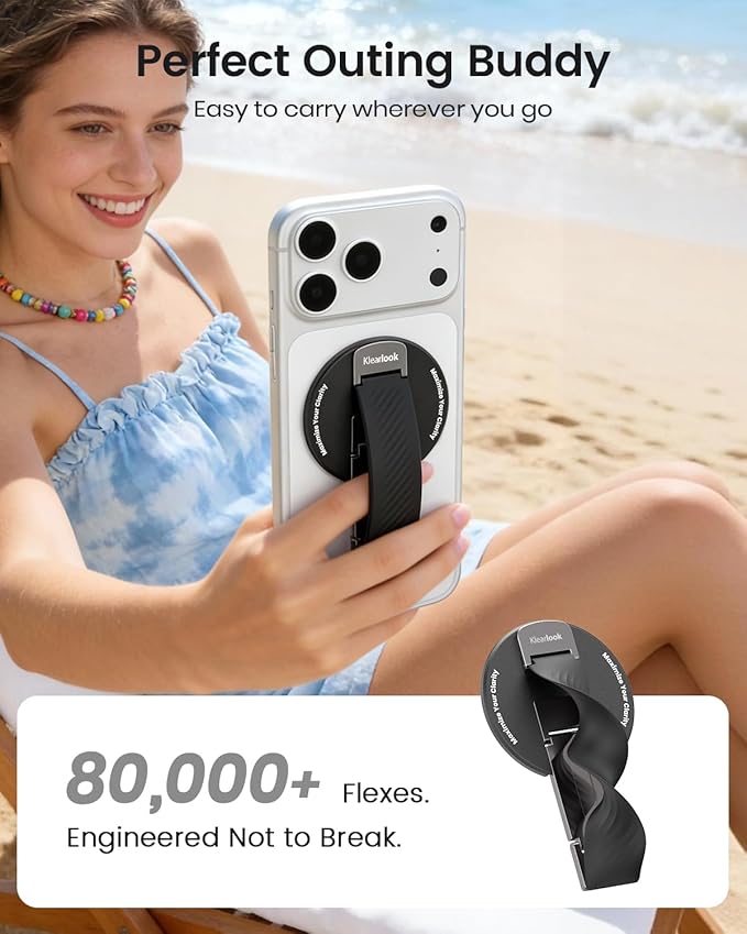 2026 Klearlook for MagSafe Phone Grip with Silicone Finger Strap, Removable Magnetic Phone Ring Holder with Adjustable Kickstand, Finger Phone Ring Grip for iPhone 17/16/15/14/13/12 Series, Black