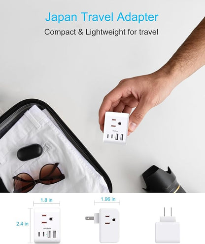 2 Pack US to Japan Plug Adapter, 2 Prong to 3 Prong Outlet Adapter | 3 Outlets 4 USB Ports(2 USB C), Type A Travel Plug Adapter Power Converter for USA to Japanese Philippines Canada Mexico Peru