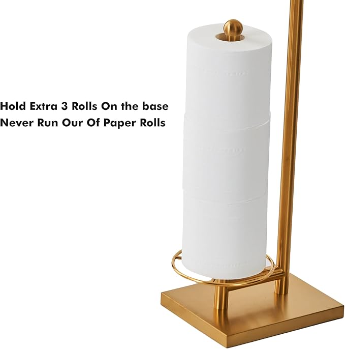 Toilet Paper Holder with Tray at The Top, Heavy-Weighted Base No Wobbly, Freestanding Toilet Paper Rolls Stand, Hold Extra 3 Paper Rolls On The Base (Gold)