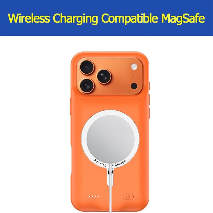 Battery Case for iPhone 17 Pro, Enhanced 10000mAh Portable Protective Wireless Charging Case Support Carplay Compatible with iPhone 17 Pro (6.3 inch) Rechargeable Extended Battery Charger Case-Orange