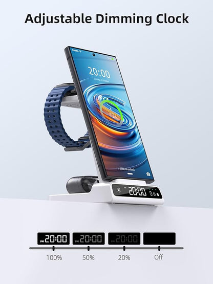 Wireless Charger Samsung Charging Station: 3 in 1 Android Charging Stand with Dimmable Clock - Nightstand Organizer for Galaxy S25 Ultra S24, Galaxy Watch 8 7 6 5 4, Galaxy Buds, Space-Saving Charger