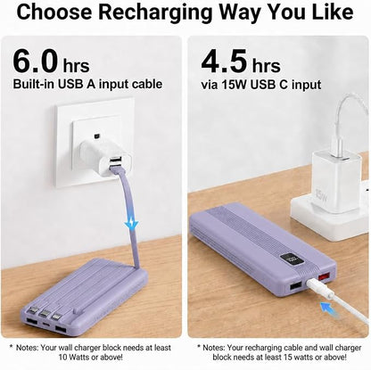 10000mAh Portable Charger with 4 Built-in Cables, 22.5W Fast Charging Power Bank, LED Display, Slim Travel Battery Pack for iPhone 17/16/15/14, Samsung Galaxy, iPad & More