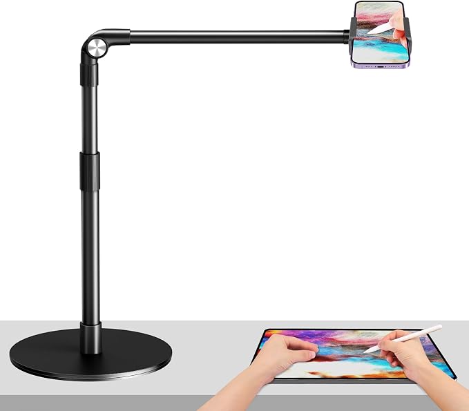 elitehood Heavy Duty Aluminum Overhead Phone Stand, 15 in Long Arm iPhone Holder for Video Recording, 360 Degrees Swivel Tilt Overhead Phone Mount for Filming, Meeting, Cooking, Painting and Crafting