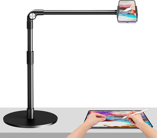 elitehood Heavy Duty Aluminum Overhead Phone Stand, 15 in Long Arm iPhone Holder for Video Recording, 360 Degrees Swivel Tilt Overhead Phone Mount for Filming, Meeting, Cooking, Painting and Crafting