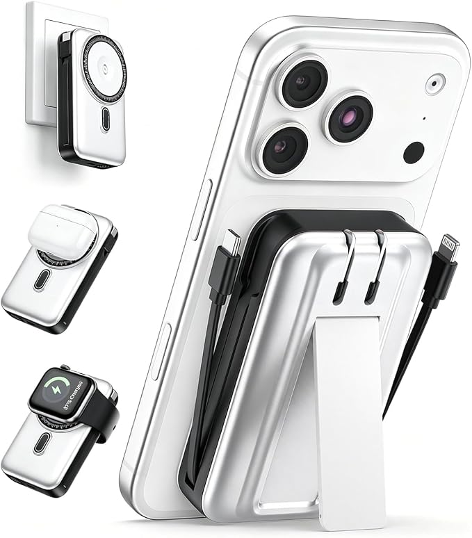 DR.HILL Magnetic Battery Pack Real Capacity 10000mAh, 22.5W Fast Charging Portable Charger with Built-in Cables & AC Wall Plug, Foldable Stand Power Bank for Apple Watch Phone 17/16/15/14/13 (White)
