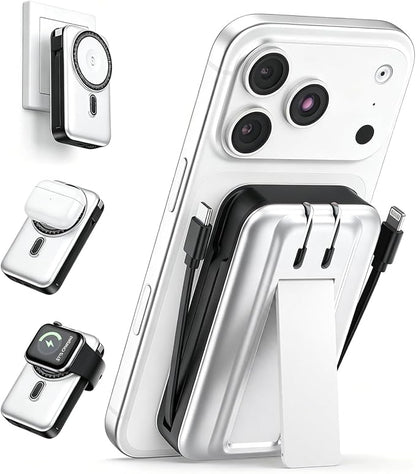 DR.HILL Magnetic Battery Pack Real Capacity 10000mAh, 22.5W Fast Charging Portable Charger with Built-in Cables & AC Wall Plug, Foldable Stand Power Bank for Apple Watch Phone 17/16/15/14/13 (White)
