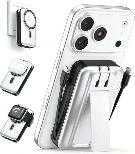 DR.HILL Magnetic Battery Pack Real Capacity 10000mAh, 22.5W Fast Charging Portable Charger with Built-in Cables & AC Wall Plug, Foldable Stand Power Bank for Apple Watch Phone 17/16/15/14/13 (White)