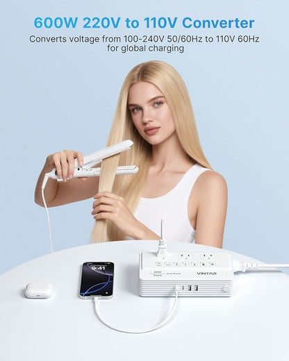 VINTAR 600W Pure Sine Wave 220V to 110V Voltage Converter US to Europe, Universal Travel Adapter with EU/UK/AU/JP/SA/India Plug, Step Down Power Transformer for CPAP Hair Straightener Curling Iron