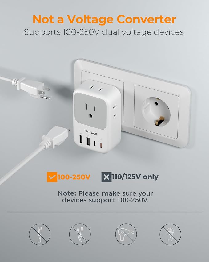 TESSAN Type F Plug Adapter 2 Pack, PD 20W South Korea Outlet Adapter with 4 AC Outlets 4 USB Ports (2 USB C), Type E Power Adaptor for US to Europe Spain Germany France Iceland Greece Russia Norway