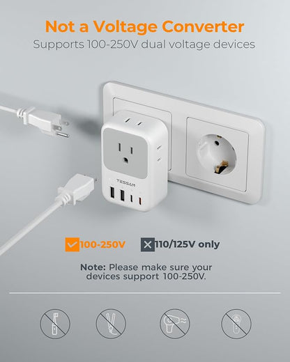 TESSAN Type F Plug Adapter 2 Pack, PD 20W South Korea Outlet Adapter with 4 AC Outlets 4 USB Ports (2 USB C), Type E Power Adaptor for US to Europe Spain Germany France Iceland Greece Russia Norway