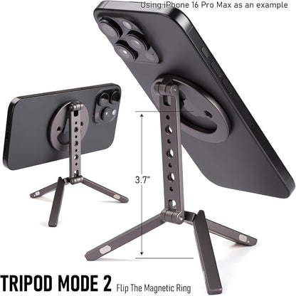 Ultra-Compact Magnetic Tripod for iPhone | Foldable Hook Design, 20 N52 Magnets, Cold Shoe & 1/4" Screw - Phone Stand for iPhone 12-17 & MagSafe Devices