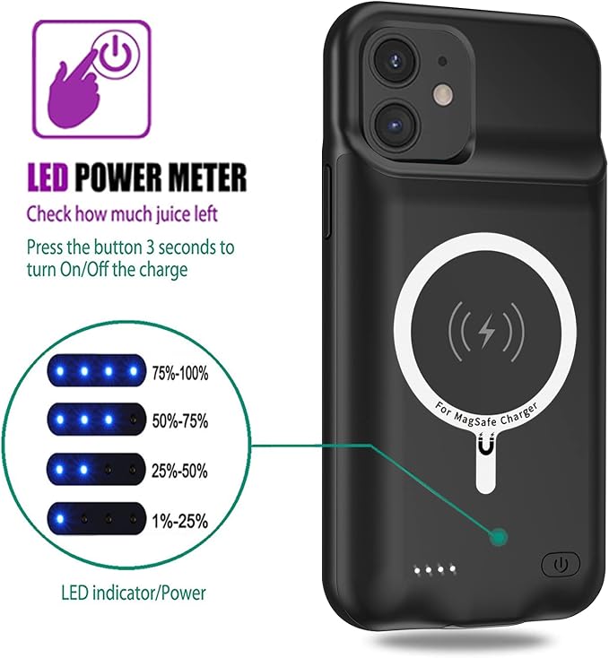 Wireless Charging Case for iPhone 11, 10000mAh High Capacity Portable Rechargeable Protective Battery Case Wireless Charging Compatible with iPhone 11 (6.1 inch) Extended Battery Charger Case (Black)