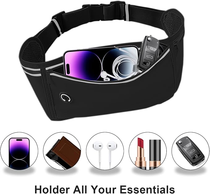 Slim Running Belt for Women Men,Runners Fanny Pack Phone Holder,Money Belt,Running Gear Accessories,with 3 Pockets(Black)