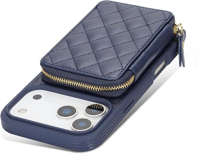 Crossbody Wallet Case for iPhone 17 Pro, PU Leather Zipper Handbag Purse Flip Cover, Kickstand Folio Case with Card Slots Holder Wrist Strap Lanyard 5G 6.3 Inch-Blue