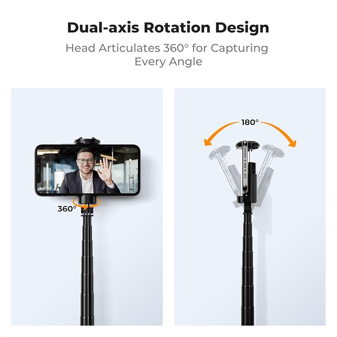 K&F CONCEPT Selfie Stick, Auto Open & Close Phone Tripod Stand, 360° Rotatable Selfie Stick with 9 Button Bluetooth Remote, Extendable Automatic Tripod for Cell Phone(Black)