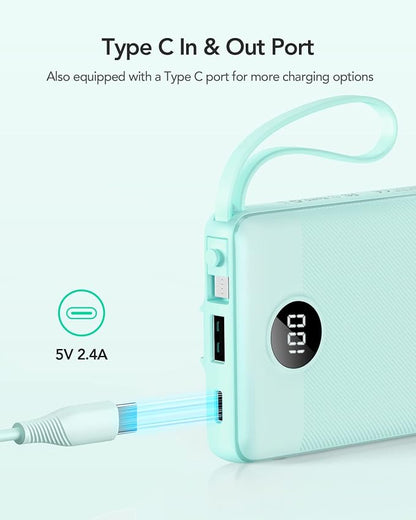 VRURC Power Bank with Built-in Cables,USB C Portable Charger for iPhone | 10000mAh Slim Charging Bank with Lanyard, Perfect for Travel, Work, School and Daily Carry-Green