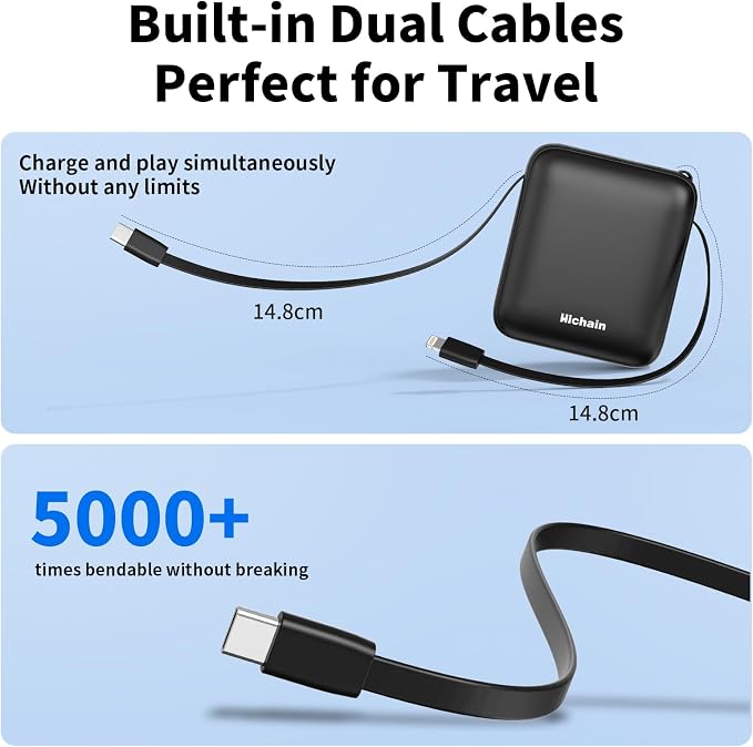 Hichain Small Portable Charger Mini Power Bank 10000mAh 22.5W Black | Built in Cables & LED Display USB-C Fast Charging Battery Pack, Travel Essential Power Bank for iPhone, iPad, Android