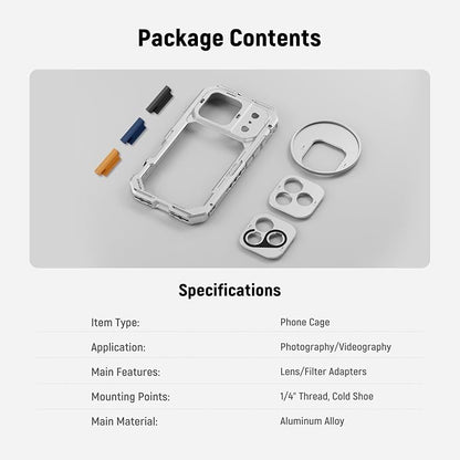 NEEWER Phone Cage Compatible with iPhone 17 Pro, Quick Release Video Rig Stabilizer Accessories with 67mm Filter Ring, 17mm Lens Backplate, T Mount Adapter, 4X Camera Control Cap, PA143 (Silver)